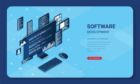 Isometric web banner software development. Program code on computer ...