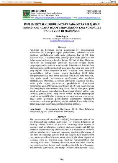 Implementasi Kurikulum Pada Mata Pelajaran Pendidikan Agama Islam