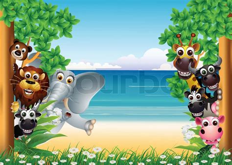 funny animal cartoon with tropical beach background | Stock vector ...