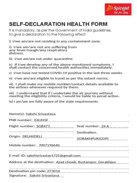 Self Declaration Health Form Pdf