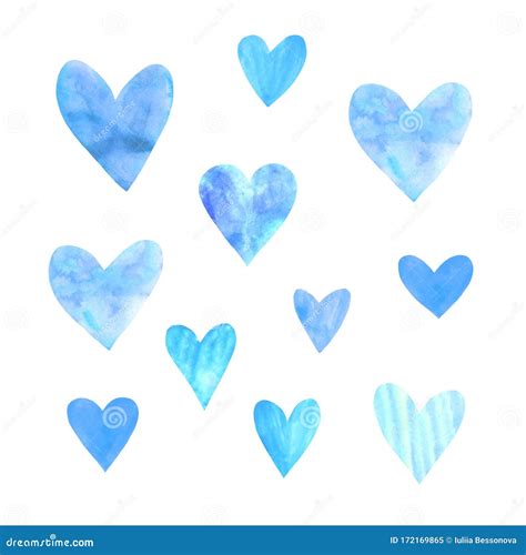 Set Of Blue Watercolor Hearts Perfect For Creating Romantic Postcards