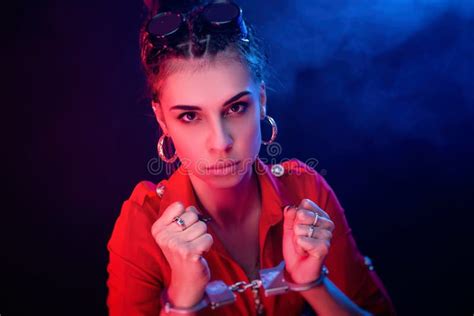 Handcuffed Hot Brunette Mistress Girl Wearing Black Lingerie In BDSM Cat Leather Mask And