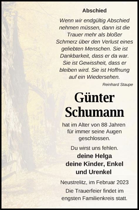 Traueranzeigen von Günter Schumann Trauer Nordkurier