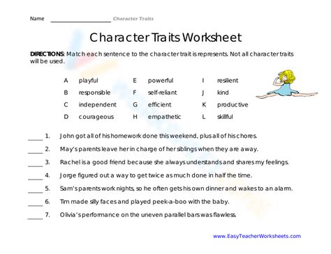 Character Traits Worksheet Worksheet