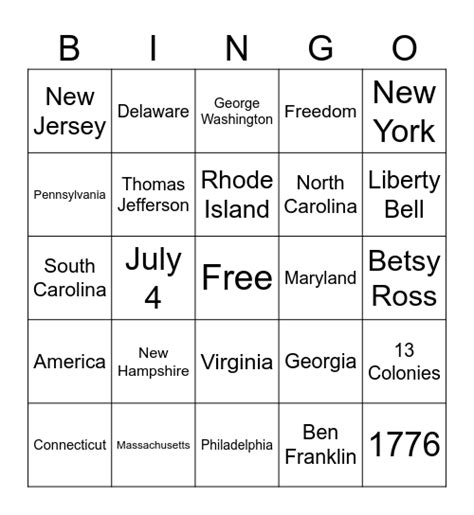 July 4th 13 Colonies Bingo Card