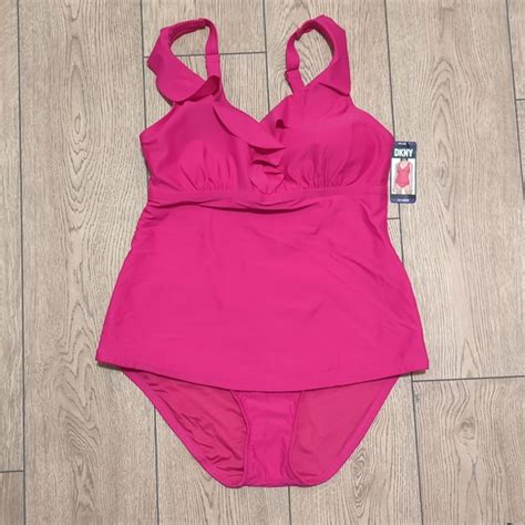 Dkny Swim Dkny Womens Xxl Hot Pink Ruffled Tankini Swim Suit Set Nwt Poshmark