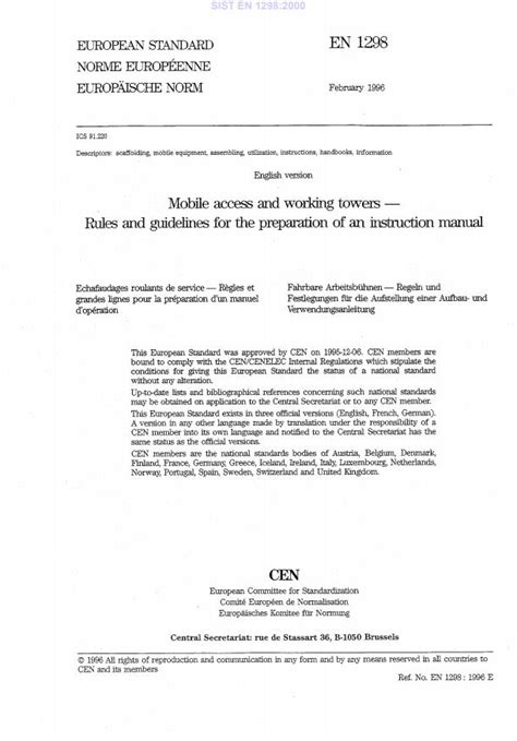 EN 1298:1996 - Mobile access and working towers - Rules and guidelines ...