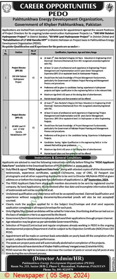 Project Director Jobs In Peshawar At Pedo Pakhtunkhwa Energy