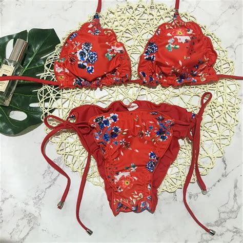 Sexy Red Bikini Floral Swimsuit Female Bather Brazilian Bathing