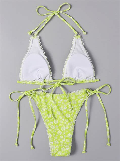 Emmiol Kostenloser Versand Daisy Print Halfter Bikini Set Neongr N