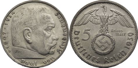 Drittes Reich 5 Reichsmark 1939 D Hindenburg Kursmünze 1936 1939 VF