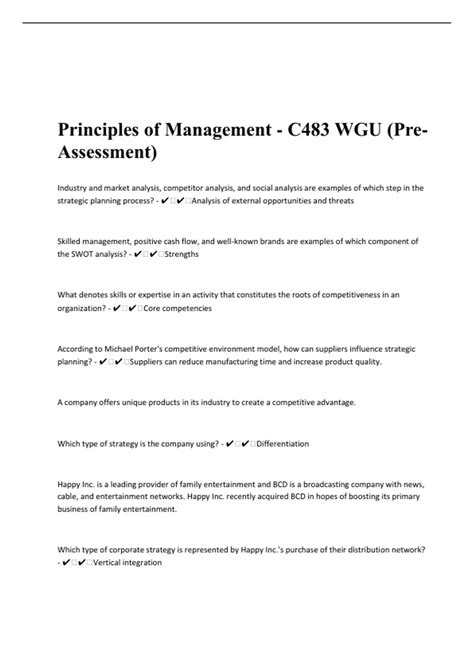 Principles Of Management C Wgu Pre Assessment Questions With