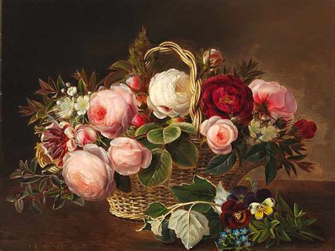 «Розы и летние цветы в корзине» Йенсен Йохан Лауренс, картина 1855 г.