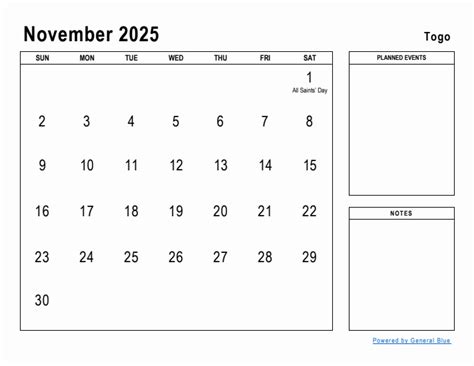 November 2025 Planner with Togo Holidays