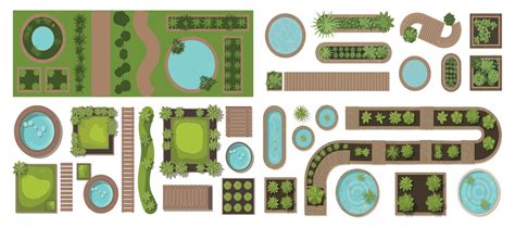 top view garden design elements  ponds paths plants  wooden
