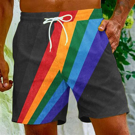 DDAPJ Pyju Mens Big And Tall Swim Trunks Gay Pride Flag Rainbow D Printed Casual Beach Shorts