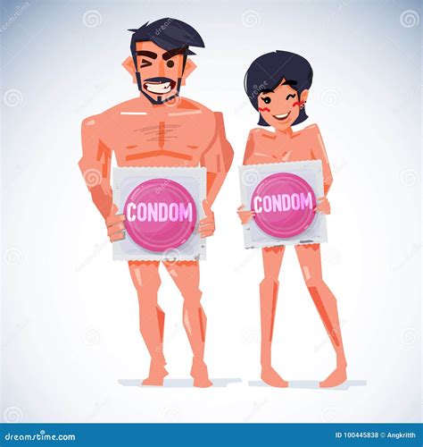 Naked Man And Woman Holding Big Condom In Package Safe Sex Concept Vector Stock Vector