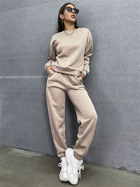 Shein Ezwear Felpa Monocolore Con Spalle Cadenti E Pantaloni Sportivi