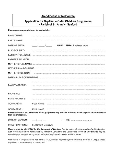 Fillable Online Baptism Application Form St Annes Catholic Church