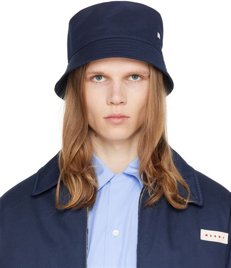 Navy Bio Gabardine Embroidered Logo Bucket Hat By Marni On Sale