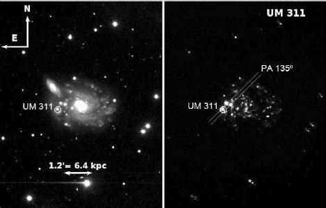 R band left and continuum subtracted H α right images of UM 311