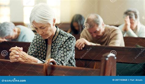 Faith Prayer Or Old Woman In Church For God Holy Spirit Or Religion In Cathedral Or Christian