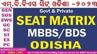 Odisha MBBS BDS Category Wise Seat Matrix 2023 Govt Private Medical