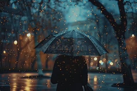 Person Walking Under A Dripping Umbrella In A Rainstorm At Night Stock