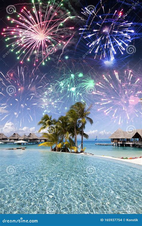 Festive New Years Fireworks Over the Tropical Island, Mixed Media Stock ...