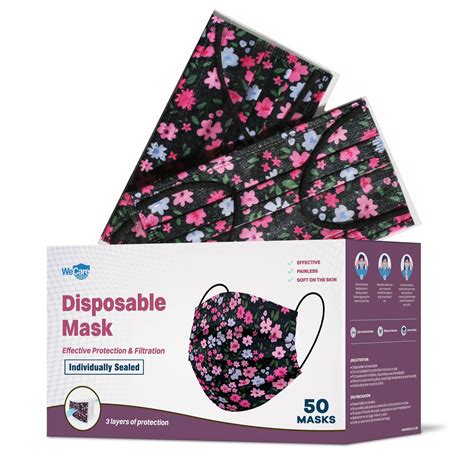 Disposable Face Masks 3 Ply Individually Wrapped 50ct Flowers