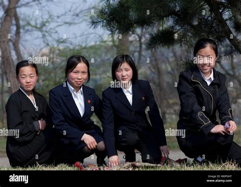 North Korean students girls in a park, Pyongan Province, Pyongyang ...