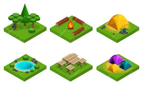 Premium Vector Isometric Set Of Camping Icons Trees Tents Characters On Vacation Campfire