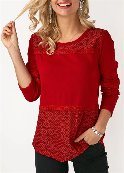 Rotita Lace Panel Long Sleeve Round Neck T Shirt Rotita Usd