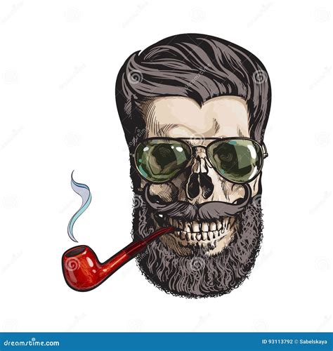 Human Skull With Hipster Beard Wearing Aviator Sunglasses Smoking