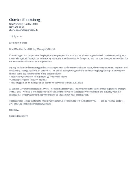 Free Physical Therapist Cover Letter Sample Rezi