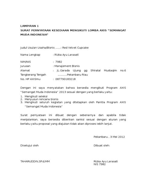 Format Surat Pernyataan Kesediaan Mengikuti Lomba