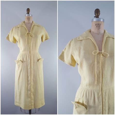 Vintage 1950s Pat Premo Dress Yellow Linen Small Gem