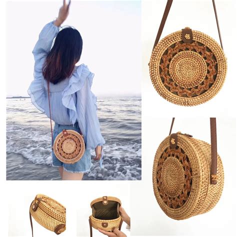 Handmade Rattan Bags Bohemian Bali Fashion Round Hollow Straw Shoulder