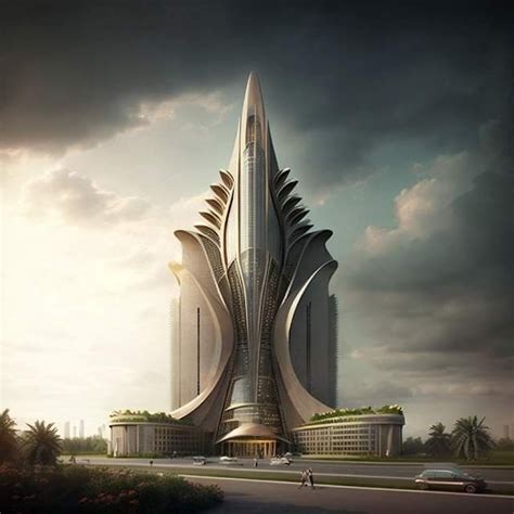 An Artistic Rendering Of A Futuristic Building In The Middle Of A Road