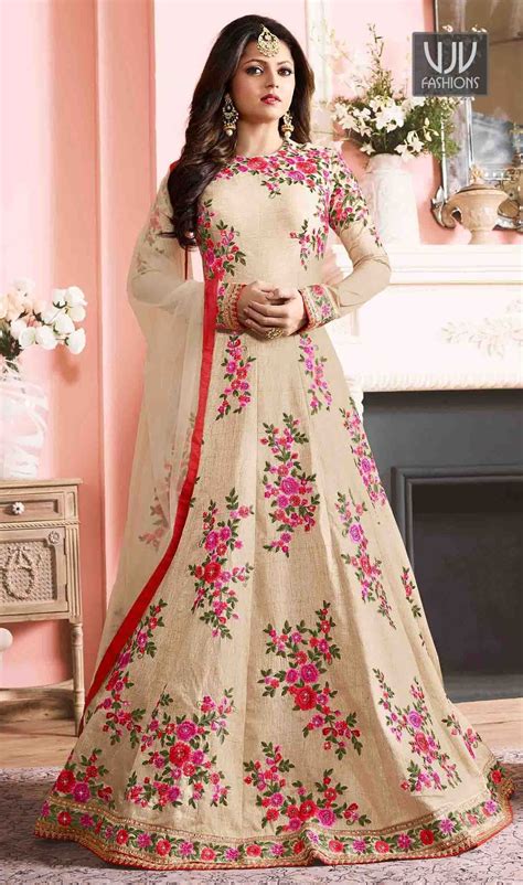 Drashti Dhami Cream Color Silk Designer Floor Length Suit Look Ethnic