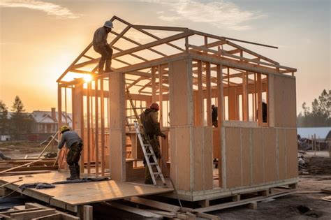 Premium Photo Workers Assembling Prefabricated House Construction