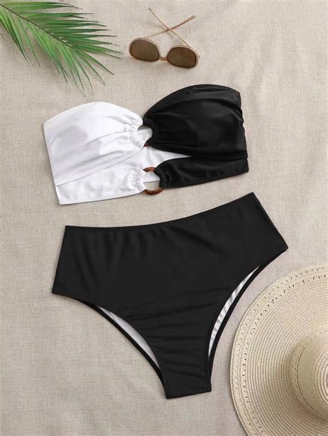 SHEIN Swim Curve Summer Beach Plus Colorblock Bikini Set Ring Linked