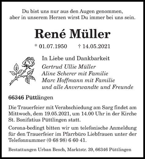 Traueranzeigen von René Müller Saarbruecker Zeitung Trauer de