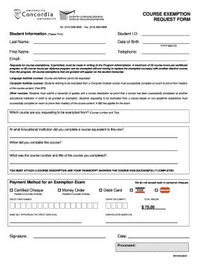 Fillable Online Cce Concordia COURSE EXEMPTION REQUEST FORM Concordia