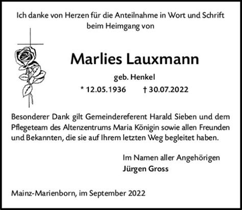 Traueranzeigen Von Marlies Lauxmann Vrm Trauer De