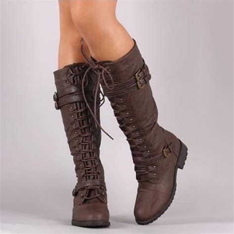 Women Knee High Boots Autumn Winter Lace Up Flat Shoes Sexy