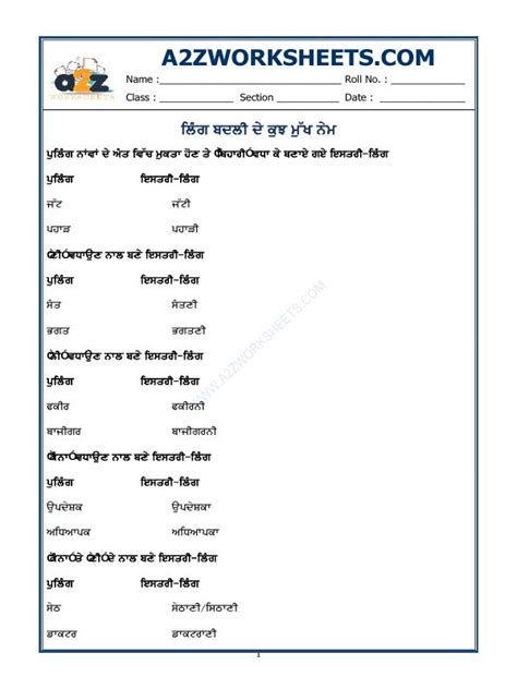 A Zworksheets Worksheet Of Punjabi Grammar Ling Badlo Rules While