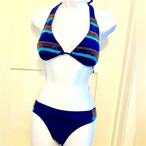 Vix Swim Vix Paula Hermanny Gorgeous Beaded Bikini Nwt Boho Super Sexy Navy Blue Gold Poshmark