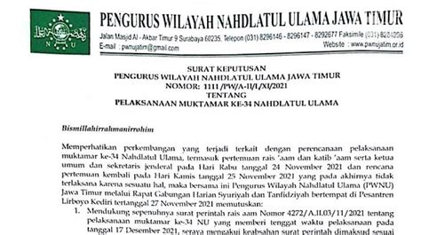 PWNU Jatim Edarkan Surat Keputusan Dukung Muktamar NU Ke 34 17 Desember