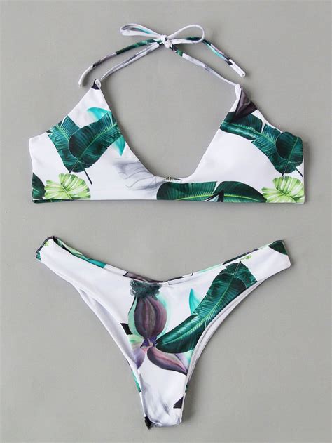 Shop Jungle Print Halter Bikini Set Online Shein Offers Jungle Print